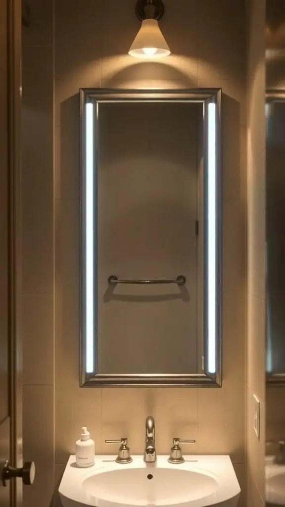 29+ Stunning Vertical Mirror Ideas to Transform Your Narrow Bathroom 10 A narrow bathroom featuring a framed mirror with built-in lighting above a sink.