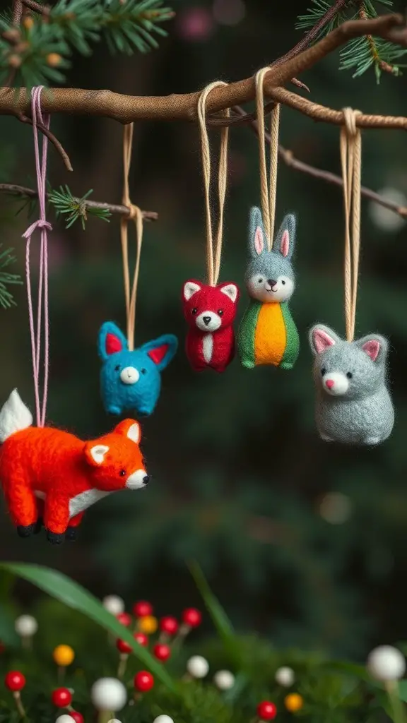 Colorful handmade felted wool animal ornaments hanging from a branch