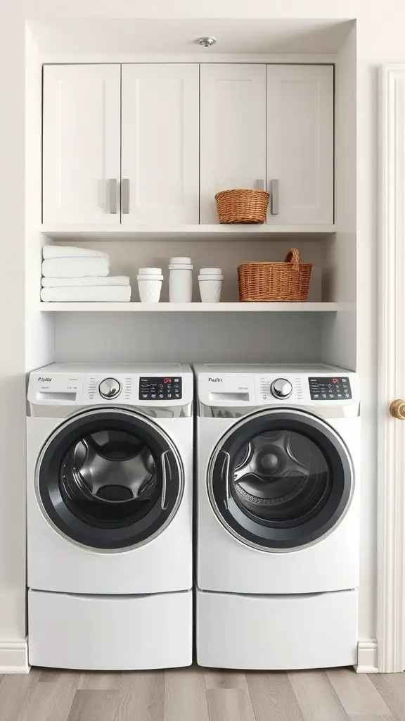 27+ Creative Over Washer and Dryer Shelf Ideas for a Stylish Laundry Room 9 A laundry room featuring cabinetry above a washer and dryer with neatly arranged towels and baskets.