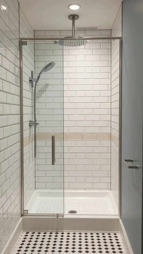 25+ Inspiring Small Walk-In Shower Ideas to Maximize Your Space 9 A small walk-in shower with vintage-inspired fixtures, featuring white subway tiles and a classic showerhead.