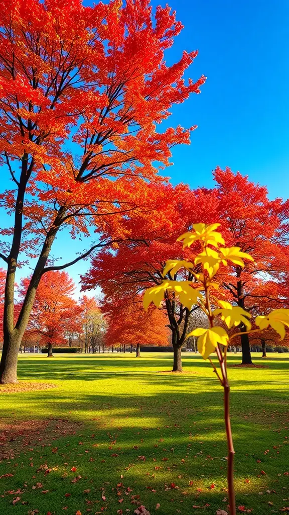 A vibrant autumn landscape featuring red and yellow trees against a blue sky.