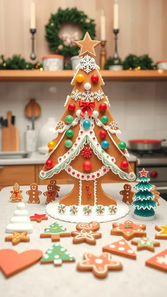 A colorful gingerbread tree kit with various decorations and gingerbread shapes.