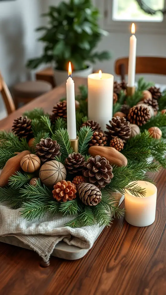 A rustic centerpiece featuring pinecones, greenery, and candles on a wooden table.