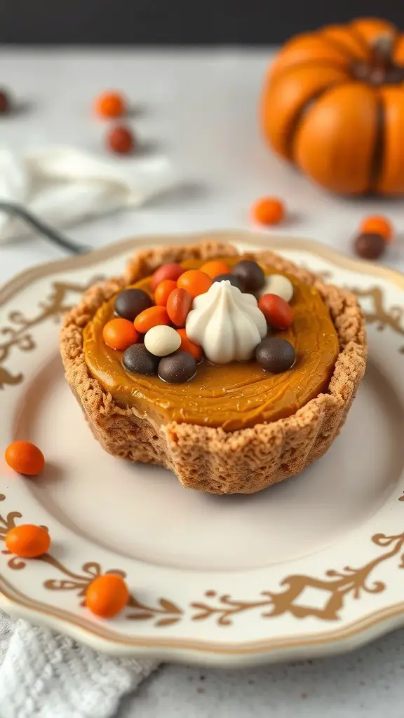 A small graham cracker pumpkin pie topped with colorful candies on a decorative plate.