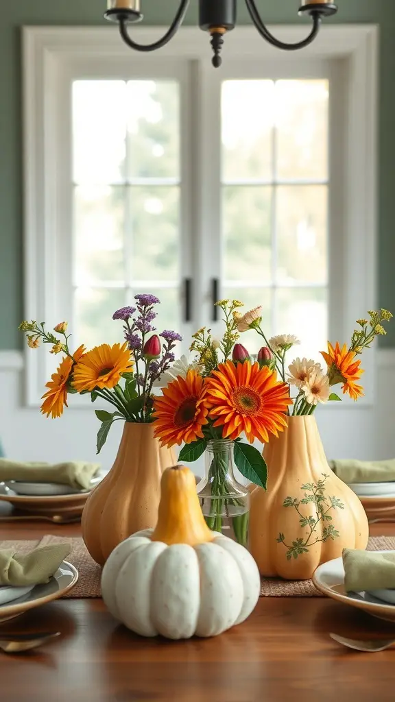 Gourd vases filled with seasonal flowers on a dining table