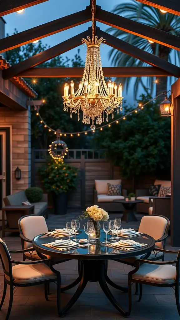 An elegant outdoor chandelier hanging above a dining table on a patio, surrounded by string lights and lush greenery.