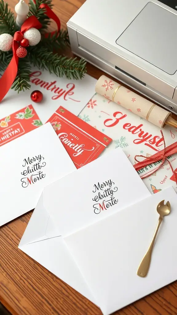 29+ Creative Christmas Stocking Ideas to Delight Everyone 11 A collection of holiday-themed stationery including cards, envelopes, and a decorative spoon, set on a wooden table with festive decorations.
