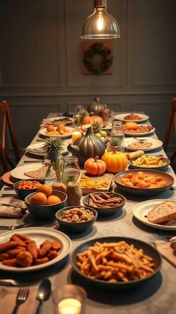 A beautifully arranged Friendsgiving table with various dishes including fruits, snacks, and decorative pumpkins.