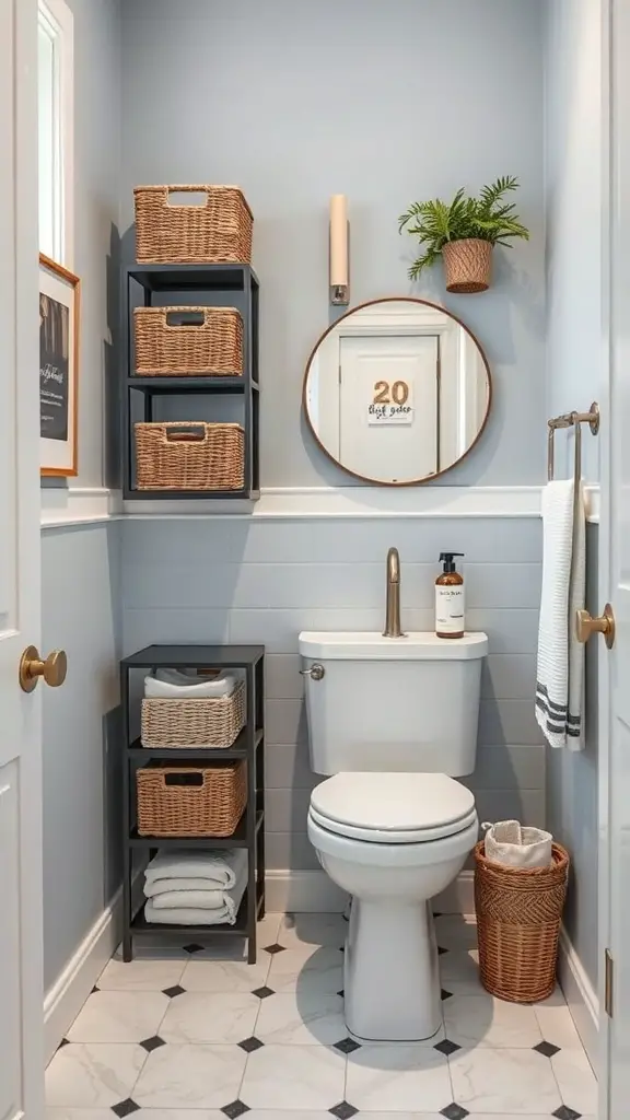 25+ Chic Half Bathroom Ideas to Refresh Your Space 8 A small half bathroom featuring creative storage solutions with baskets, a mirror, and a plant.