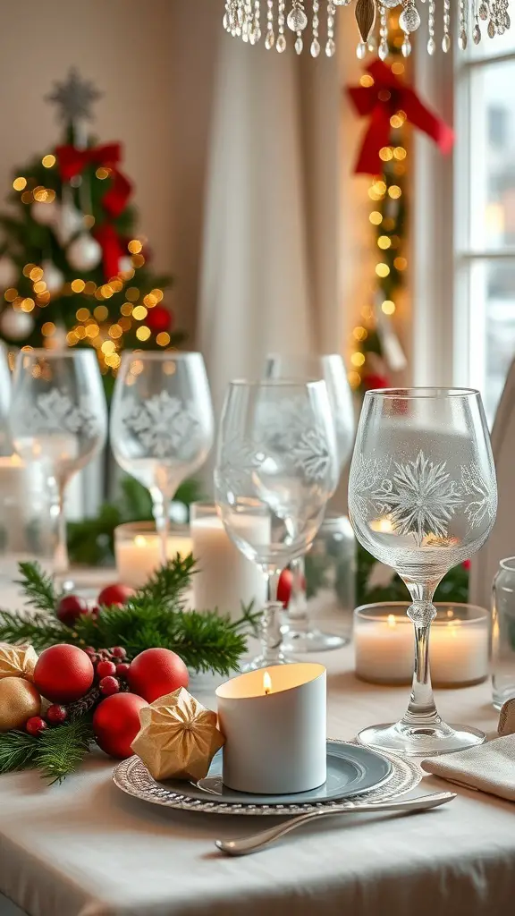 A beautifully set Christmas dining table featuring frosted glassware, candles, and festive decorations.