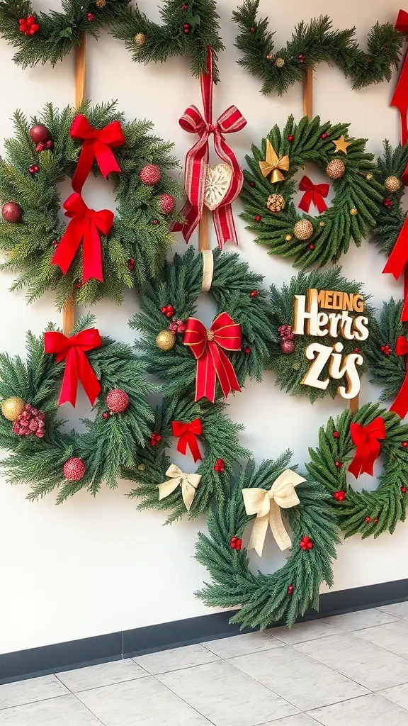 27+ Stunning Christmas Wall Art Ideas for a Festive Home 13 A wall display of various Christmas wreaths with red bows and ornaments.