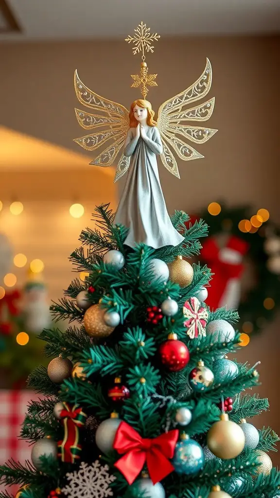 23+ Stunning Christmas Tree Topper Ideas to Inspire Your Holiday Decor 16 An artistic angel with wings atop a beautifully decorated Christmas tree