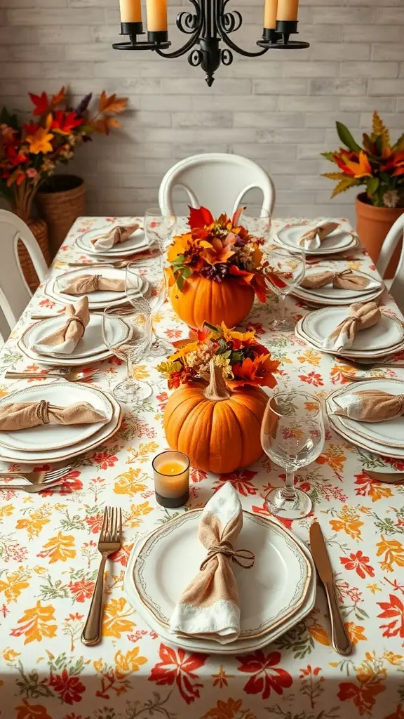 A modern Thanksgiving table setting with a colorful autumn-themed tablecloth, pumpkins as centerpieces, and neatly arranged plates and napkins.
