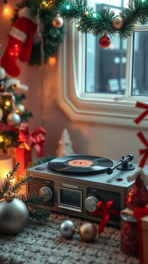 A vintage record player surrounded by Christmas decorations, including ornaments and gifts.
