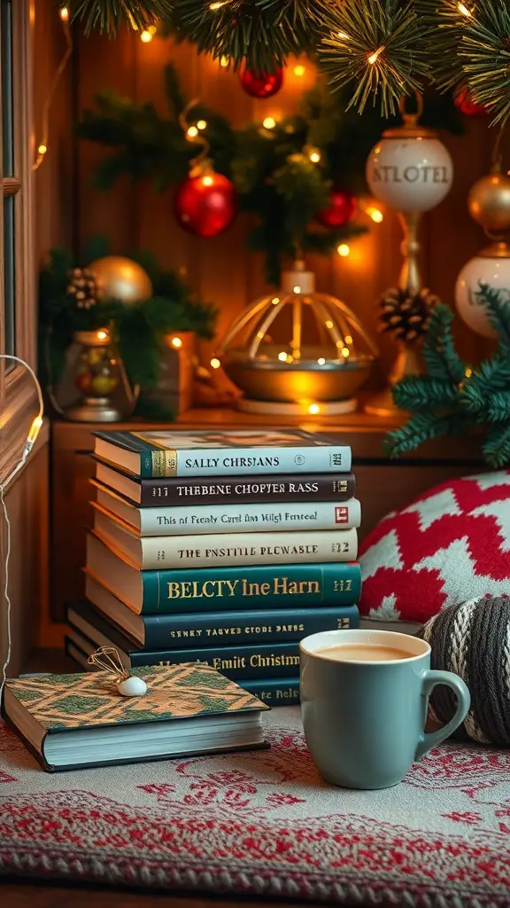 29+ Must-Have Christmas Wishlist Ideas for Everyone 6 A cozy arrangement of books with a cup of coffee, decorated for Christmas.