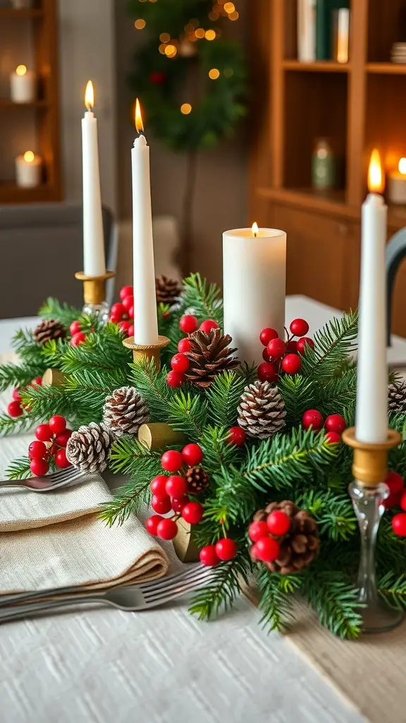 A festive table centerpiece with candles, pinecones, and red berries