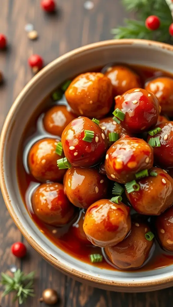 27+ Must-Try Christmas Snacks for Your Holiday Party 7 A bowl of miniature meatballs in sweet and sour sauce garnished with green onions and sesame seeds.