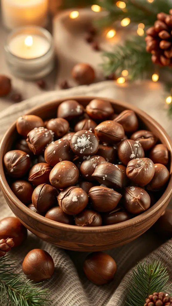 27+ Must-Try Christmas Snacks for Your Holiday Party 9 A bowl of roasted chestnuts with sea salt, surrounded by festive decorations.