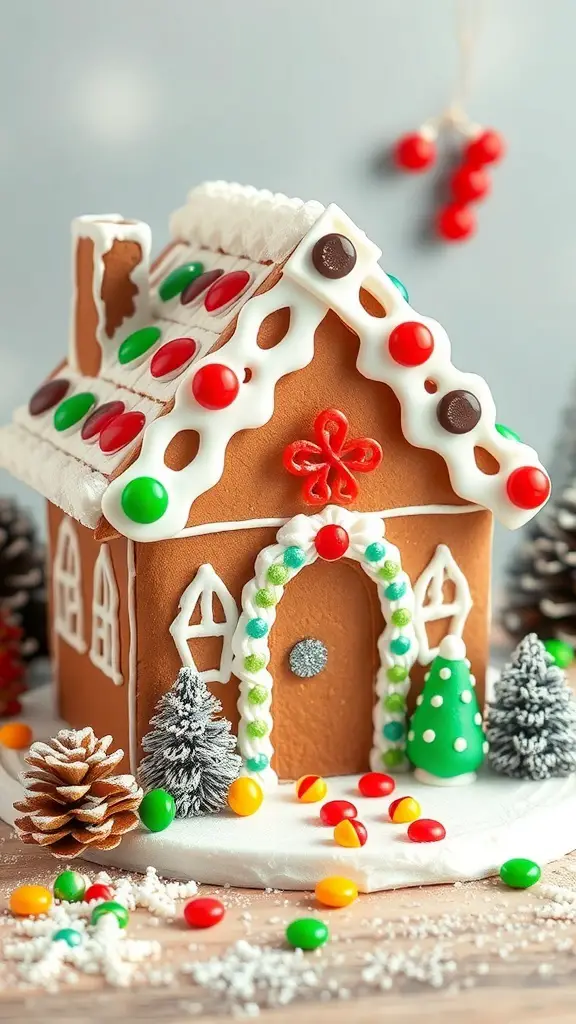 A decorated gingerbread house with colorful candies and icing, surrounded by pine trees and pinecones.