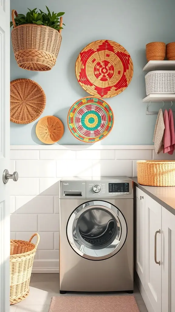 25+ Creative Wall Mounted Laundry Hamper Ideas for Space-Saving Solutions 7 Colorful woven hamper baskets displayed on a wall with a washing machine and laundry area.