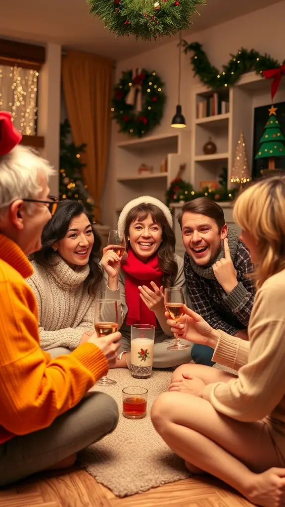 A group of friends enjoying Christmas Charades in a festive living room.