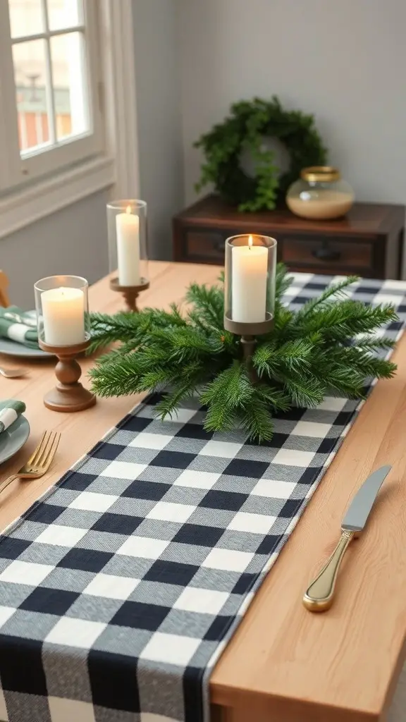 Buffalo check table runner on a wooden table with candles and greenery
