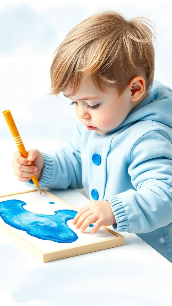 A toddler painting a blue watercolor scene with a yellow crayon.