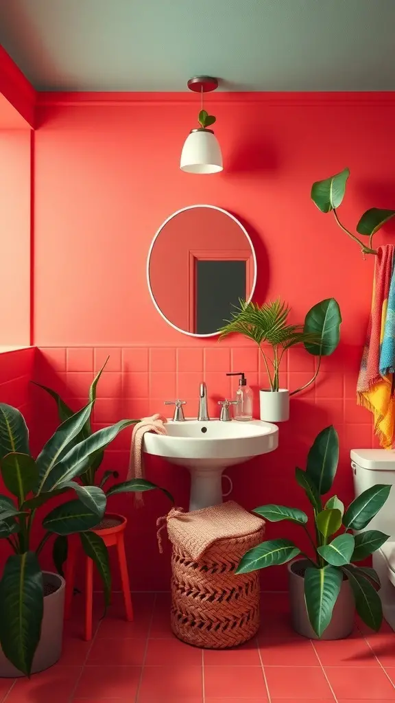 27+ Stunning Bathroom Paint Colors to Transform Your Space 8 A bright coral bathroom with plants and modern fixtures