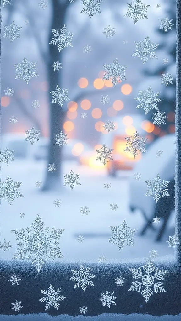 23+ Stunning Christmas Window Decorations to Brighten Your Home 3 Frosted window with snowflake patterns and warm lights in the background