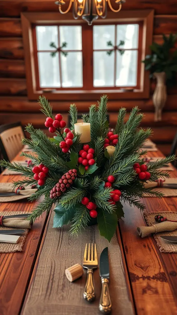 A festive table centerpiece featuring natural greenery, red berries, and candles in a cozy cabin setting.