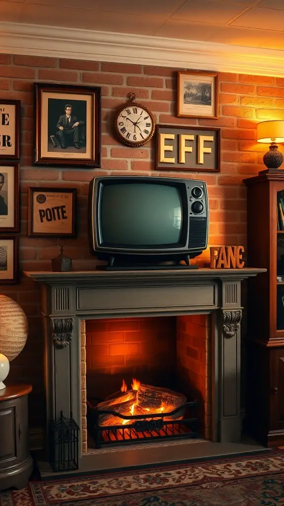 29+ Stunning TV Fireplace Wall Ideas You’ll Love 16 A vintage fireplace wall with a classic television, framed photos, and warm lighting.