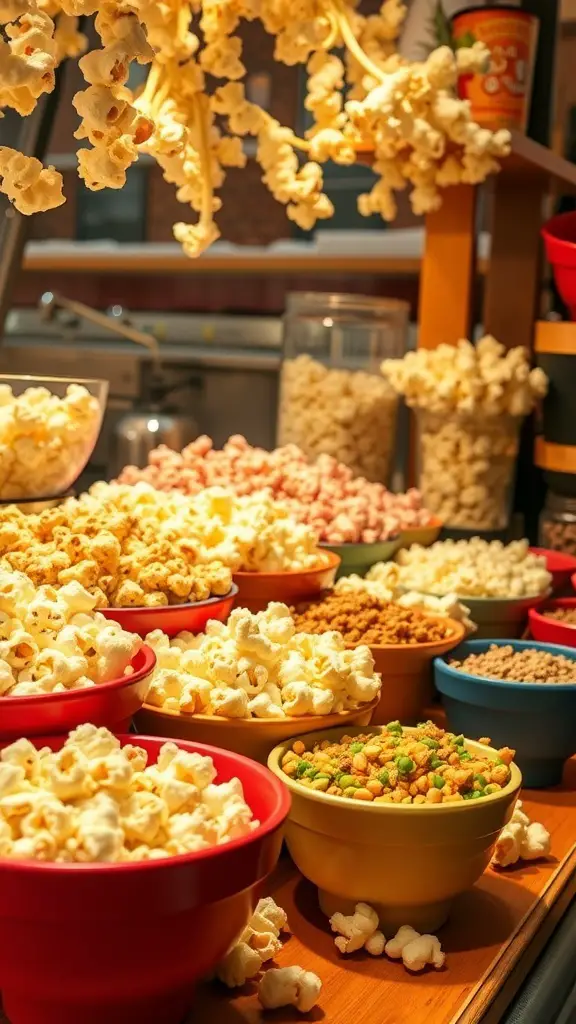 A colorful popcorn bar with various flavors and toppings in bowls.