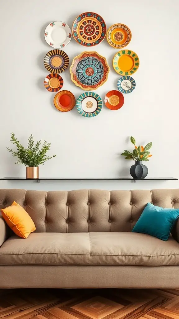 23+ Creative Above Sofa Wall Decor Ideas to Transform Your Space 16 Colorful plates arranged as wall art above a sofa