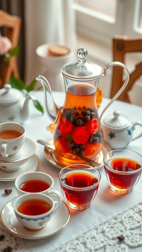 A beautifully arranged gourmet tea set with a teapot and cups, showcasing colorful tea and a cozy atmosphere.