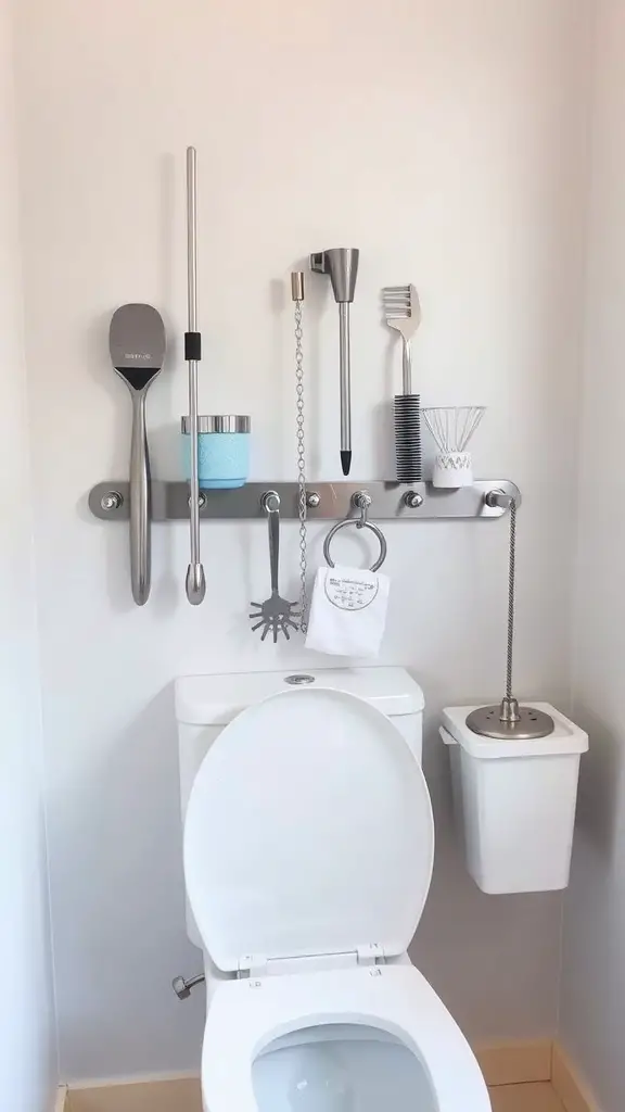 27+ Stylish Over the Toilet Storage Ideas to Maximize Your Space 13 Magnetic strip with metal accessories above a toilet