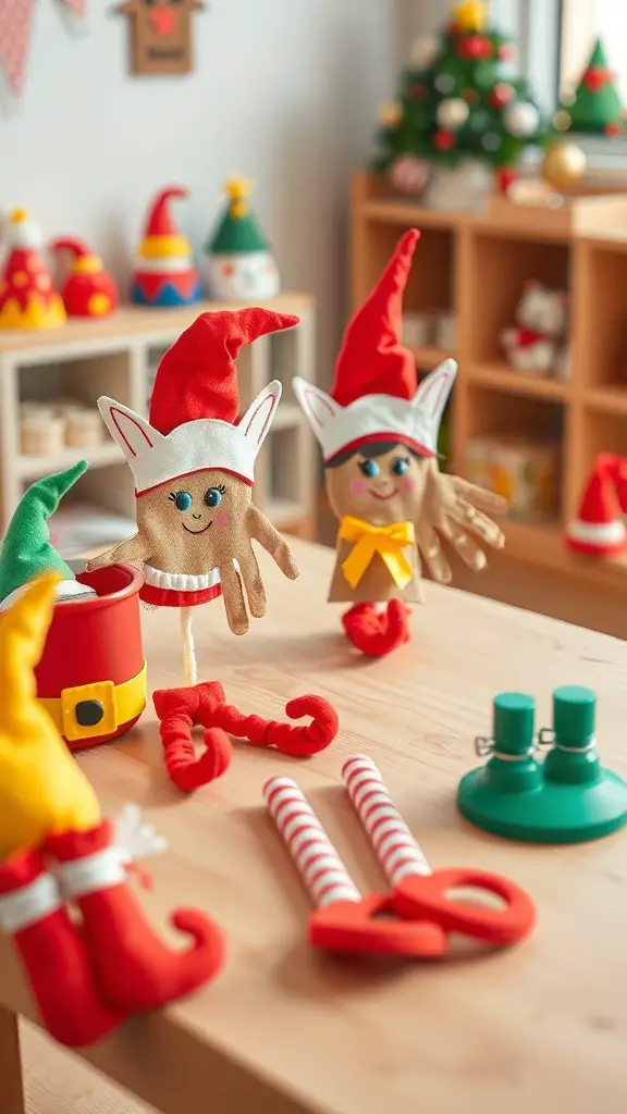 Colorful handprint elf crafts displayed on a table with festive decorations.