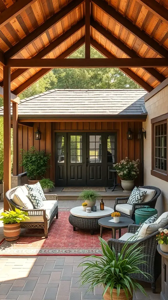 29+ Inspiring Barndominium Interior Ideas You’ll Love 9 Cozy outdoor living area with comfortable seating, a coffee table, and potted plants.