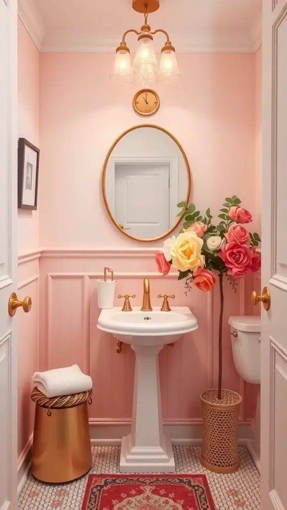 29+ Stunning Powder Room Ideas to Elevate Your Space 7 Chic powder room with pink walls, gold fixtures, floral decor, and a round mirror.