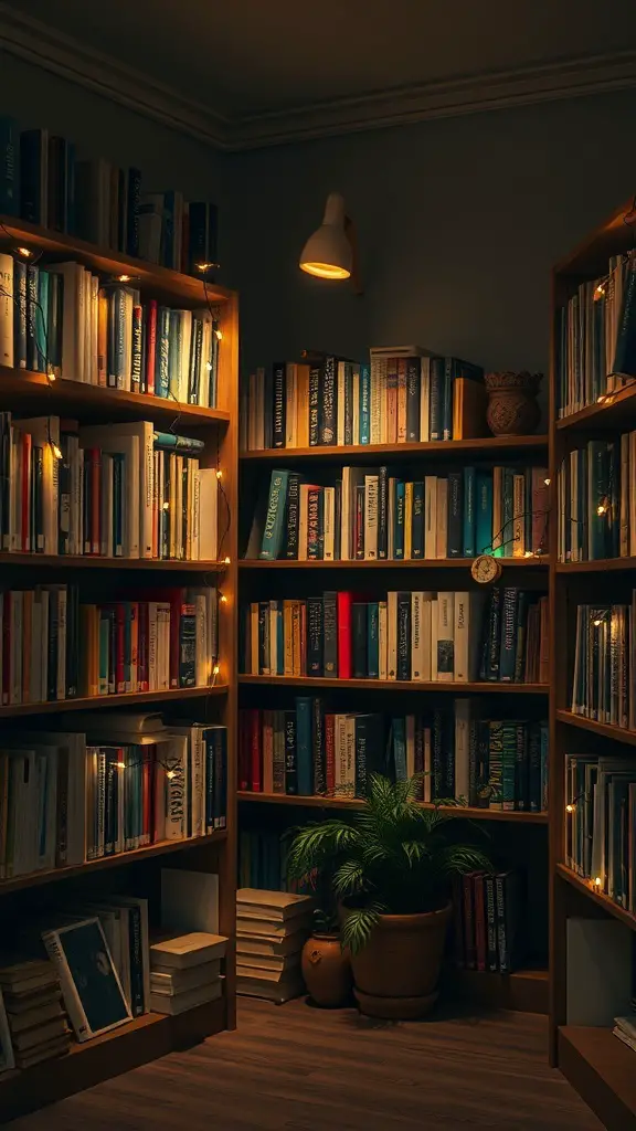 A cozy book nook with bookshelves illuminated by warm string lights, featuring a plant and a reading lamp.