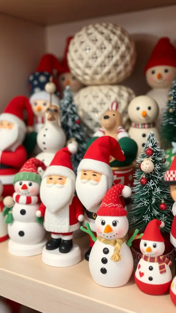 A collection of cheerful holiday figurines including Santa Claus, snowmen, and Christmas trees.