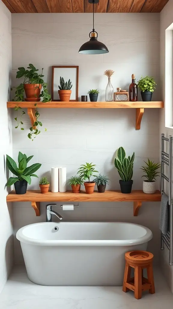 A rustic bathroom featuring reclaimed wood floating shelves with plants and decor.