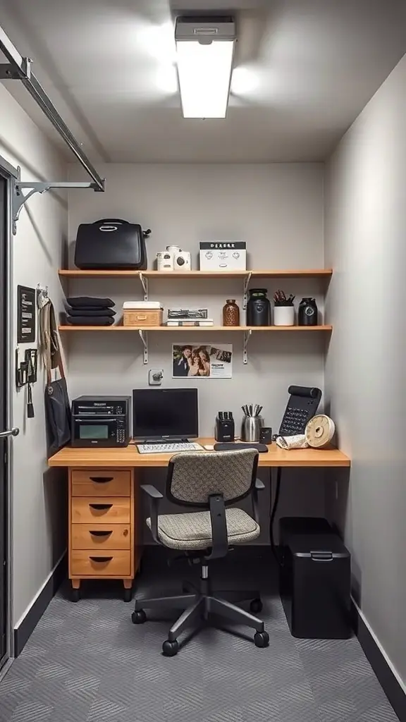 27+ Inspiring Small Garage Apartment Ideas for Cozy Living 10 A compact workspace in a small garage apartment featuring a desk, computer, and shelves.