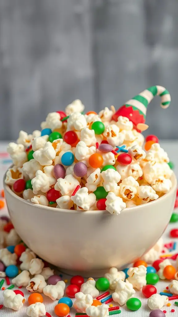 29+ Fun and Festive Christmas Snacks for Kids 6 A bowl of Elf Popcorn Mix filled with popcorn, colorful candies, and sprinkles, topped with a small elf hat.