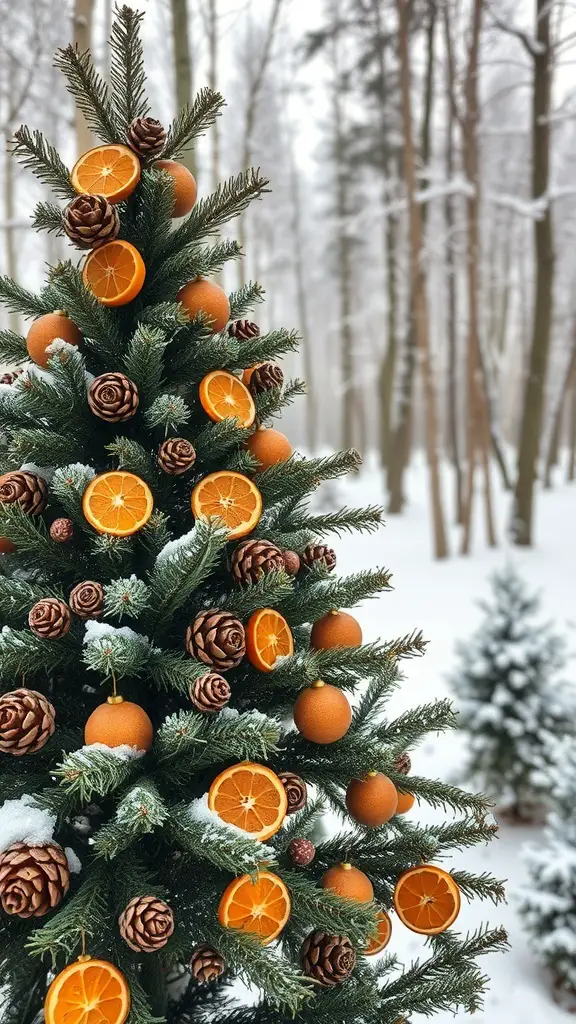 A Christmas tree decorated with orange slices and pine cones in a snowy forest