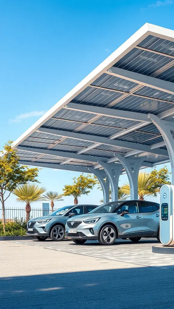 25+ Stylish Carport Ideas to Enhance Your Garage Front 12 A modern carport with solar panels and two parked cars.