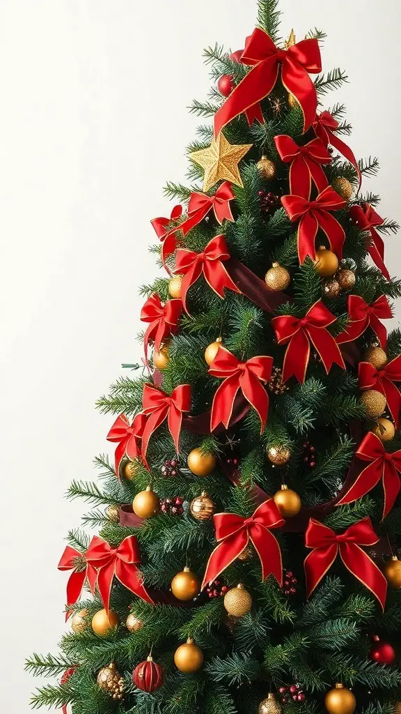 29+ Creative Christmas Tree Ribbon Decorating Ideas You’ll Love 15 A beautifully decorated Christmas tree with red ribbons and gold ornaments.