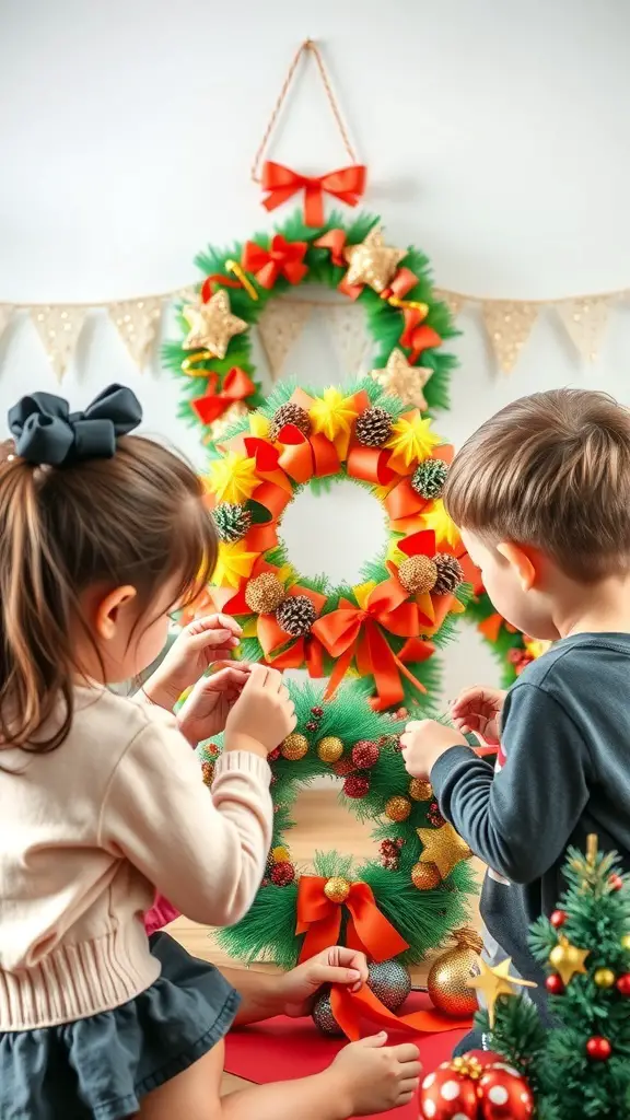 Children making colorful paper Christmas wreaths with decorations.