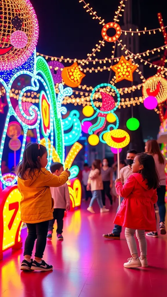 Children interacting with colorful light displays during the holiday season.