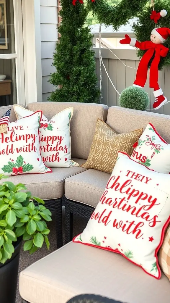 A cozy patio with holiday-themed throw pillows featuring festive designs.