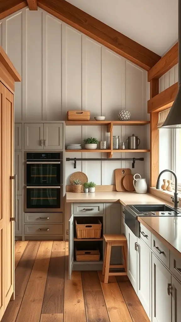 29+ Stunning Barndominium Kitchen Ideas You’ll Love 10 A stylish kitchen featuring smart storage solutions with open shelves, wooden accents, and organized cabinetry.